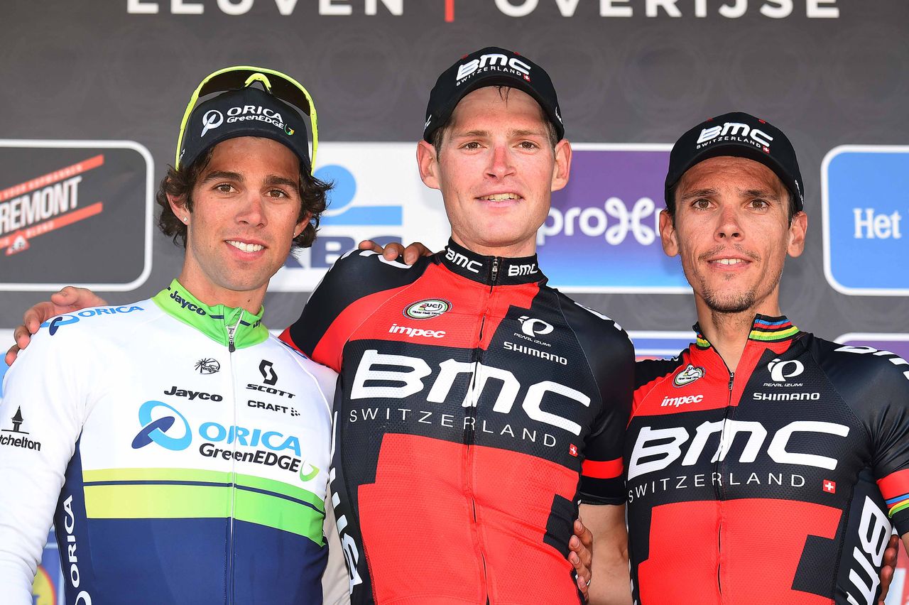 The podium in Brabantse Pijl: Michael Matthews, Ben Hermans, Philippe Gilbert