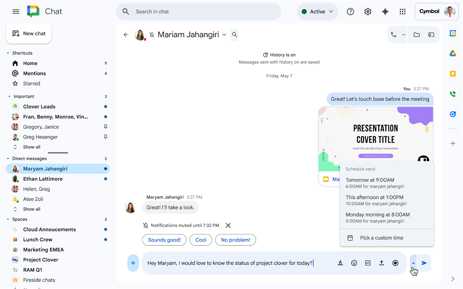 The schedule send feature in Google Chat.