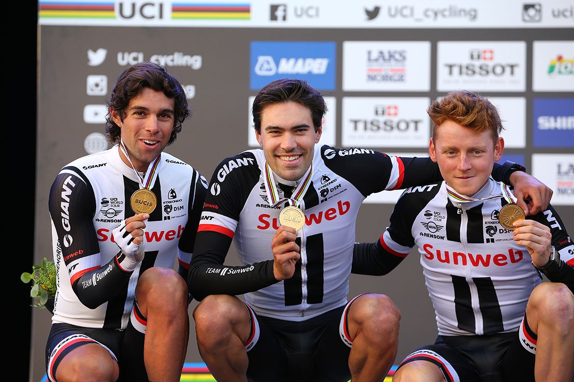 Michael Matthews, Tom Dumoulin and Sam Oomen after winning the Worlds TTT