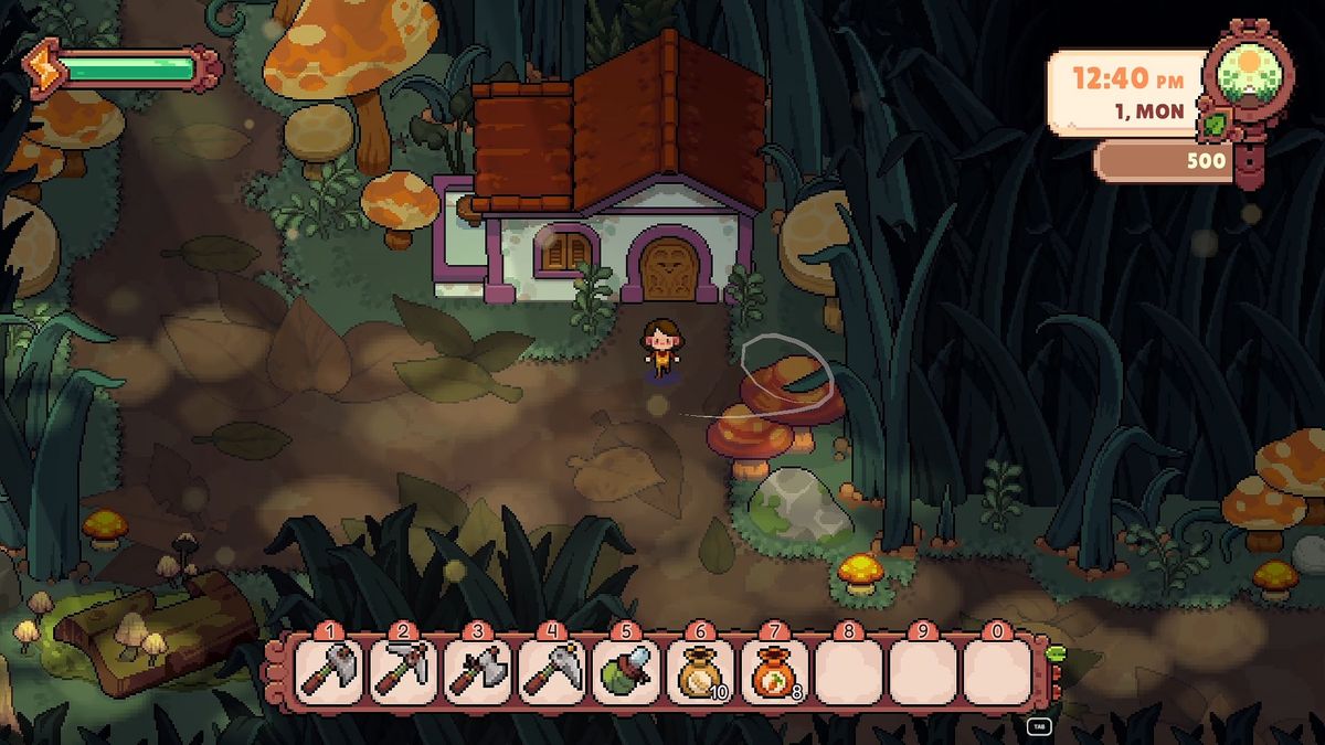 Fourleaf Fields - A player farmer walks around outside their house in a dark, wooded area with mushroom