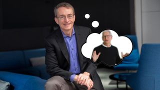 Intel CEO Pat Gelsinger, with Tim Cook in a crudely Photoshopped thought bubble