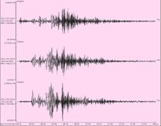 The Magnitude 8.9 Earthquake East of Honshu on 11/3/11 as recorded on a SEIS-UK seismometer in the University of Leicester&rsquo;s Department of Geology. The three traces measure movement of the Earth&rsquo;s surface in the vertical, north-south and east-west directi