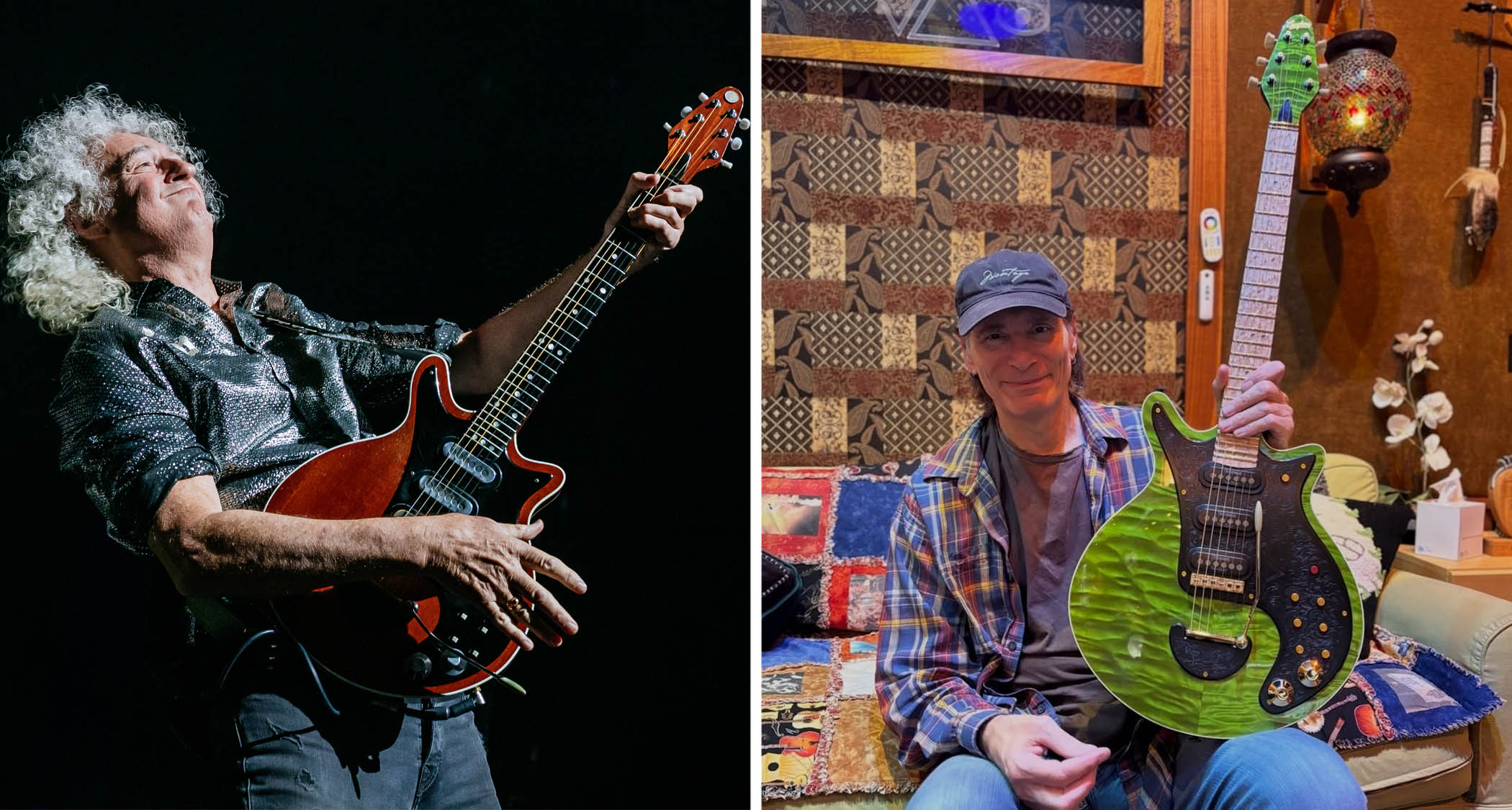 Brian May [left] leans back and feels a chord as he performs live with his Red Special. Steve Vai [right] wears a ballcap and looks pleased as punch as he shows off his custom 'Green' Red Special that May had built for him.