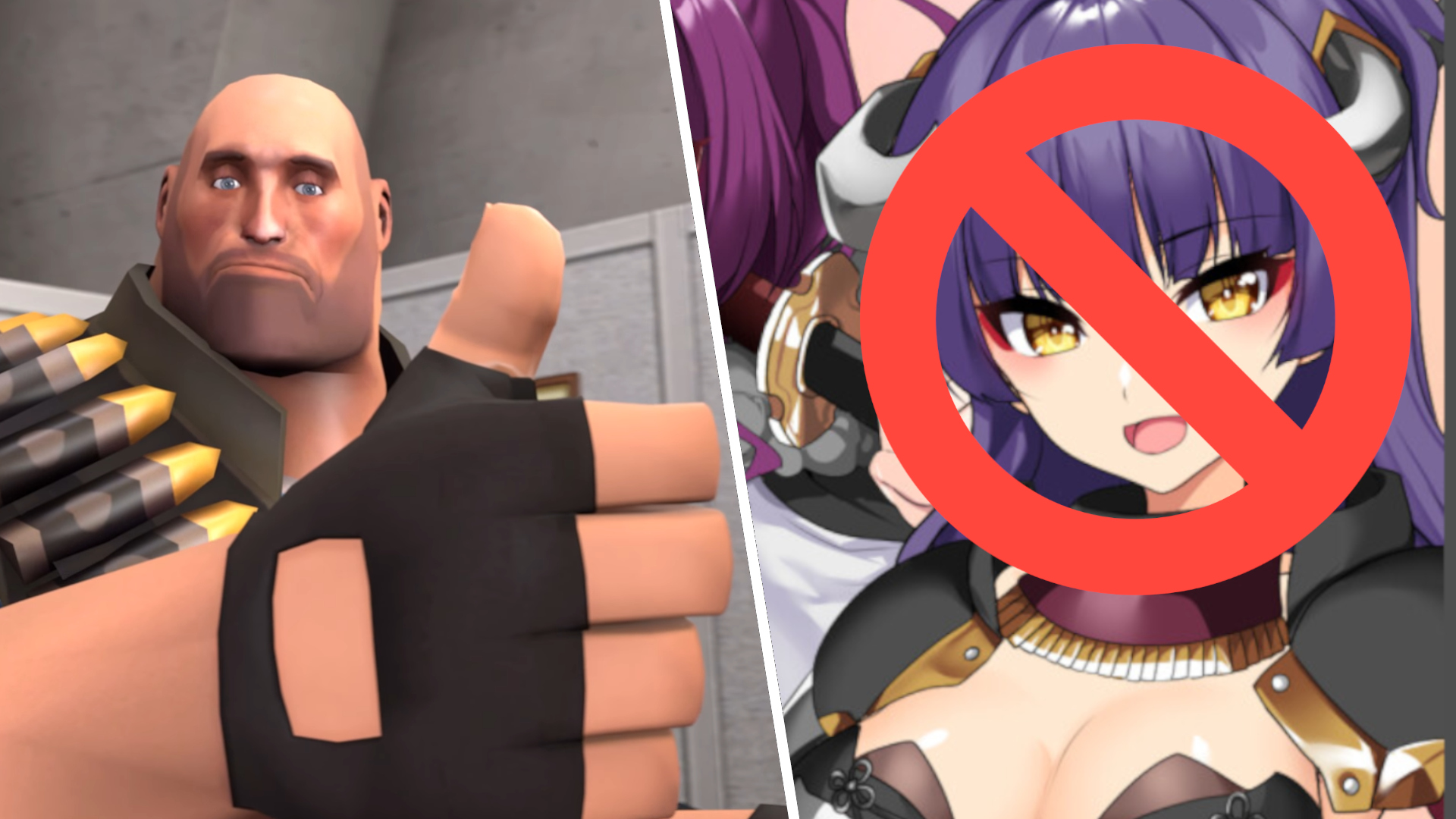 Heavy from TF2 gives a thumbs-up next to a crossed-out anime lady.