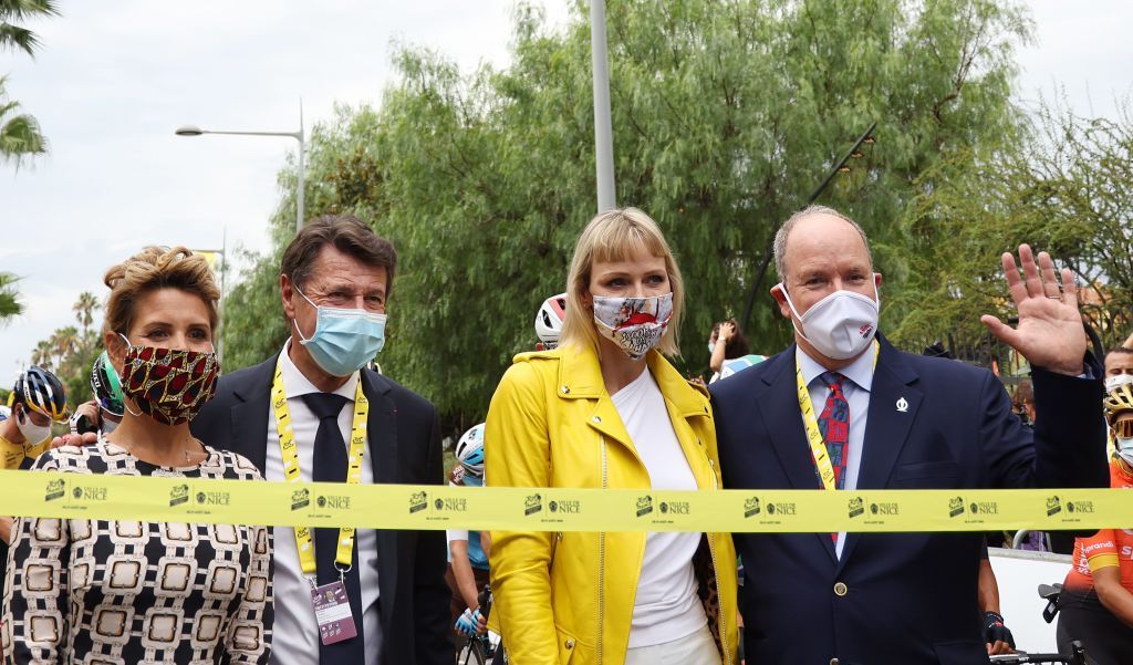 Nices mayor Christian Estrosi 2nd L pose next to his wife Laura Tenoudji L Princess Charlene of Monaco 2nd R and Prince Albert II of Monaco at the start of the 1st stage of the 107th edition of the Tour de France cycling race 156 km between Nice and Nice on August 29 2020 Tour De France 1st stage start and finish line on the Promenade des Anglais will allow just 100 spectators Photo by Kenzo Tribouillard AFP Photo by KENZO TRIBOUILLARDAFP via Getty Images
