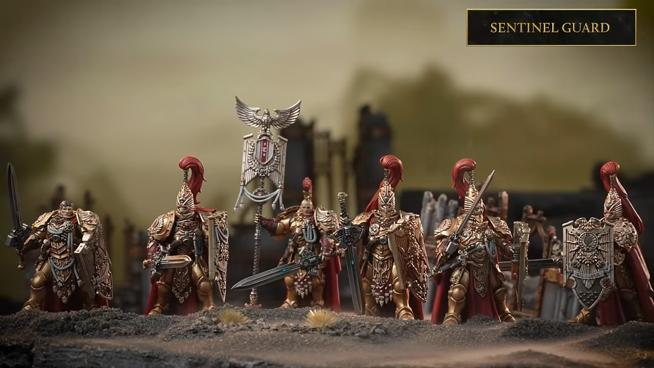 Warhammer Custodes miniatures on a blasted battleground