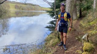 Trail runner wearing hydration pack