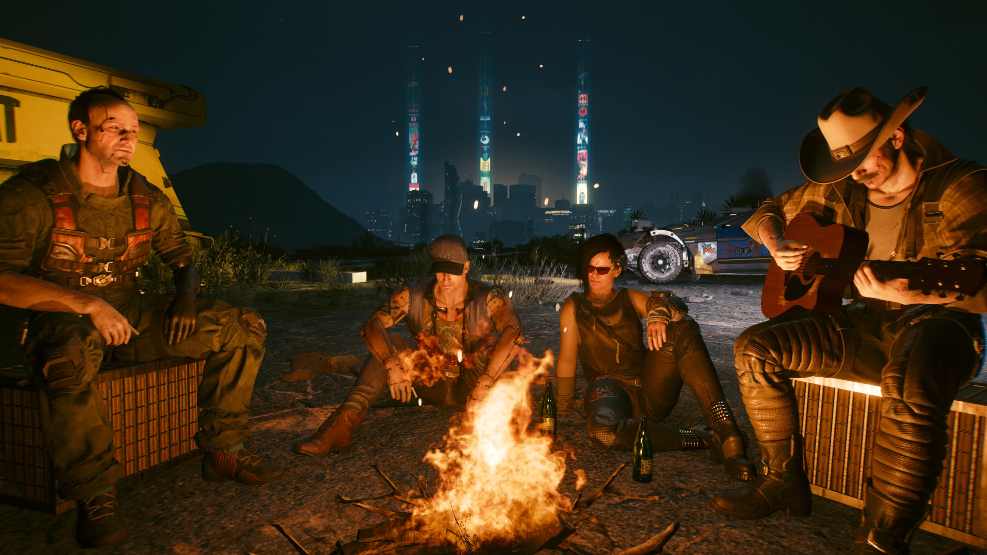 The Nomad Aldecaldos surrounding a fire in Cyberpunk 20777