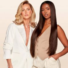A woman with blonde blown out hair and a woman with long brown straightened hair. 