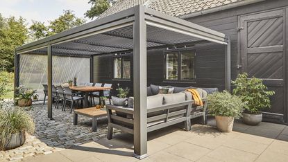 modern patio cover with outdoor dining area and sofas underneath