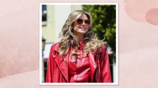 Heidi Klum is seen with a curly and layered hairstyle at America's Got Talent on April 05, 2024 in Pasadena, California/ in a pink watercolour paint-style template