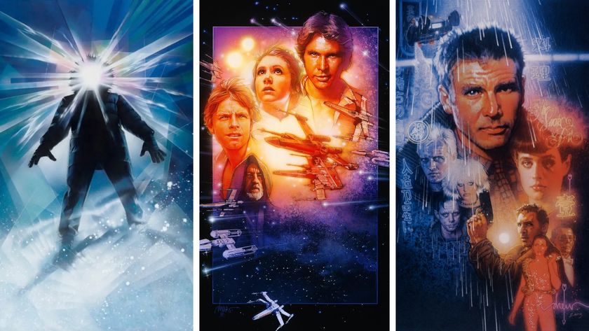 a triptych of three sci-fi movie posters designed by Drew Struzan. Left - The Thing, Middle - Star Wars: A New Hope, Right - Blade Runner