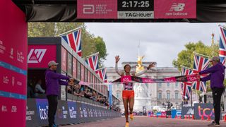 Yalemzerf Yehualaw runs down The Mall on her way to winning the Elite Women's Race at The TCS London Marathon on Sunday 2nd October 2022