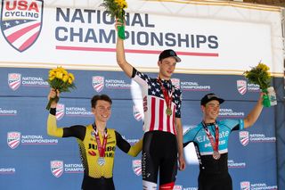 The 2019 USA Cycling Pro Road Championships Time Trial podium (left to right): Neilson Powless, Ian Garrison and George Simpson