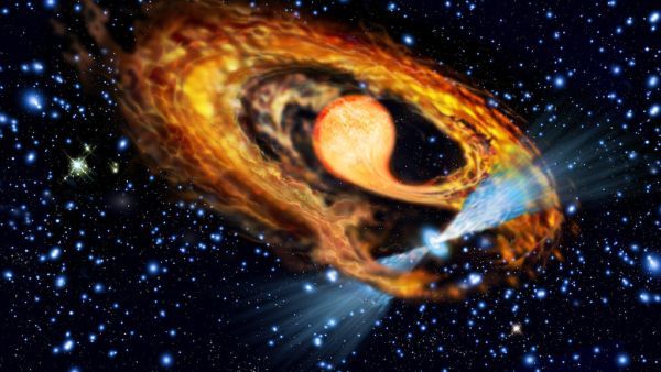 An artist&#039;s impression of a millisecond pulsar and its stellar companion.