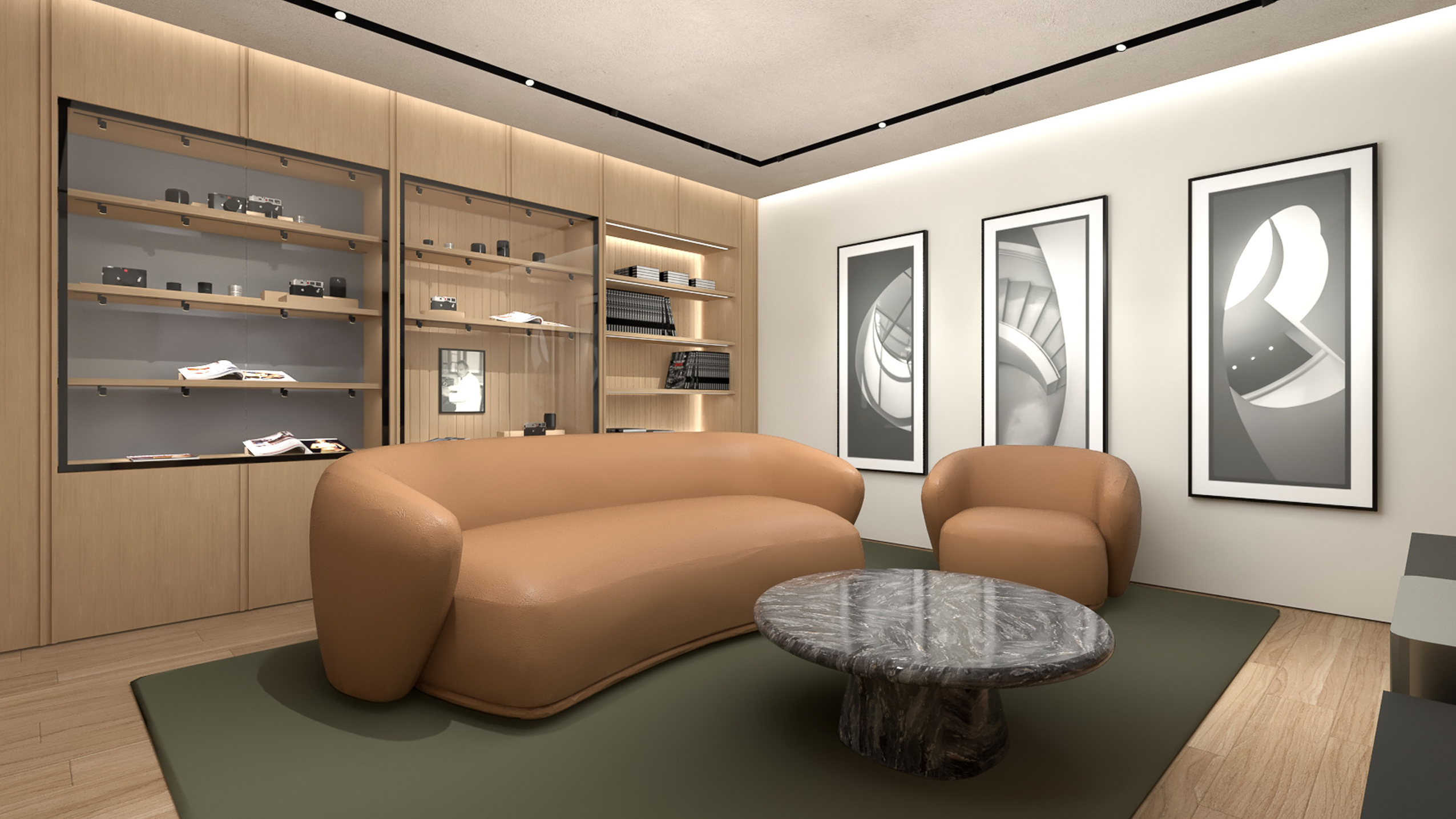 The Leica Chicago store featuring a big leather sofa in front of in-built shelve units with Leica cameras on display