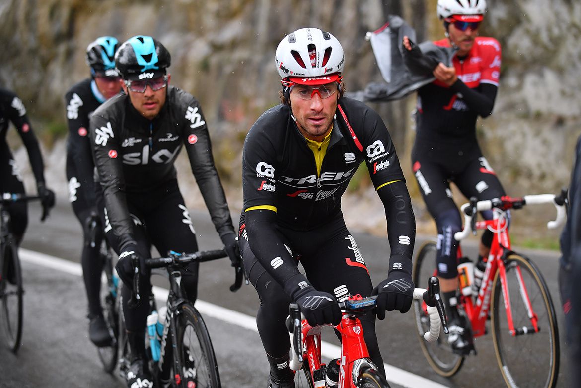 Fabio Felline's yellow jersey covered up in winter gear