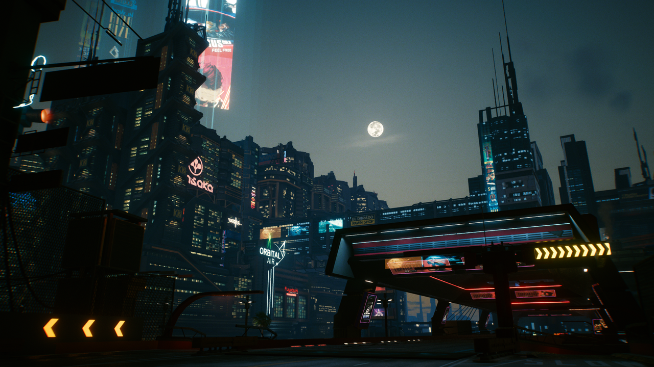 A shot of Night City at night