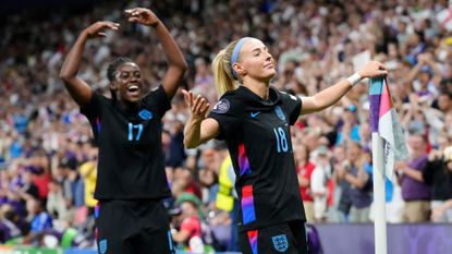 Chloe Kelly and Michelle Agyemang celebrate goal in the semi-final of the Women's Euros 2025