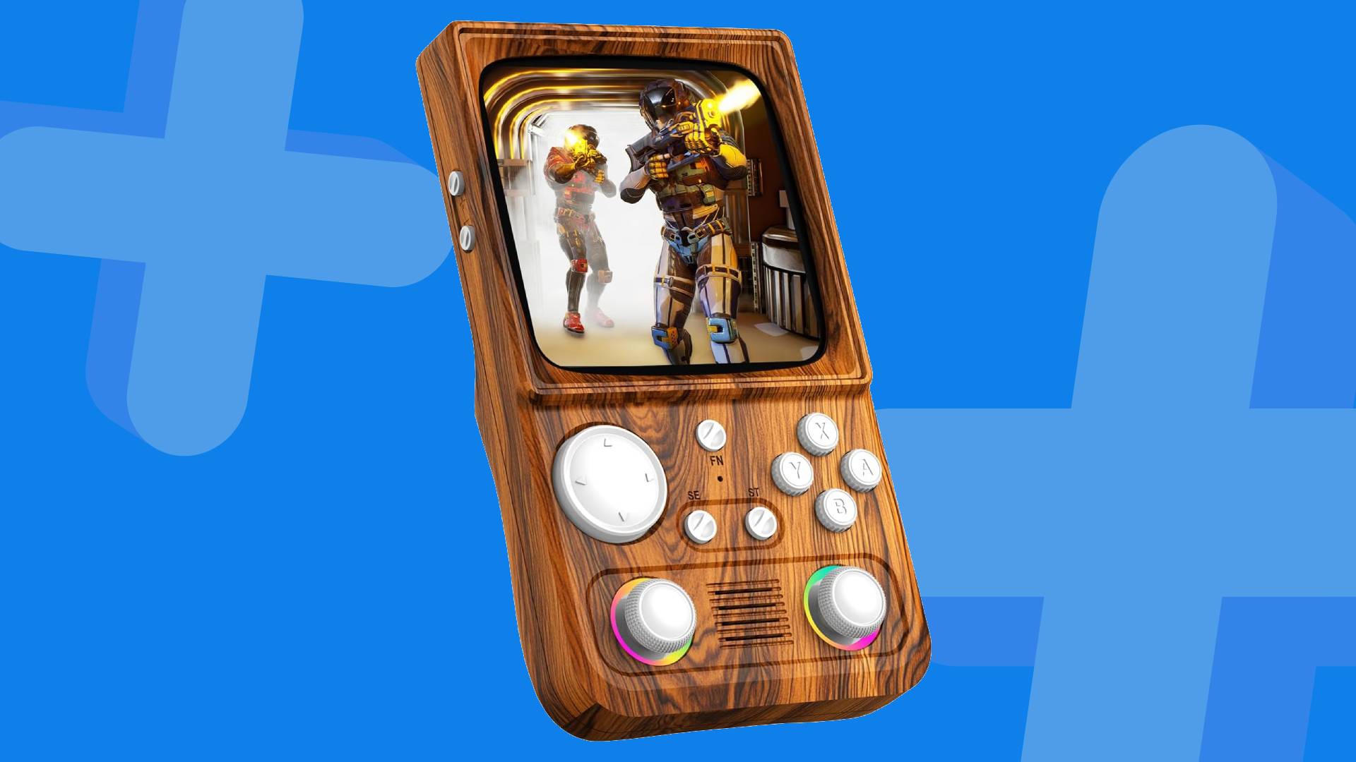 R36TMAX handheld with woodgrain shell on blue backdrop.