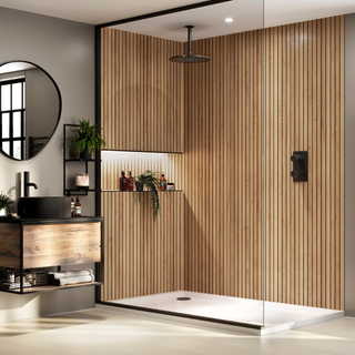 a shower clad with wooden panels in a bathroom decorated with brown