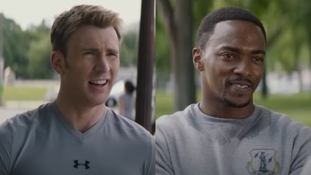 From left to right: A side by side of Chris Evans as Captain America squinting and smiling and Anthony Mackie smiling in Captain America: The Winter Soldier right after the "On your left" scene. 