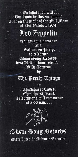 An invite to the launch of the first album released on Swan Song Records, The Pretty Things' Silk Torpedo album, Chislehurst Caves, Kent, 31st October 1974