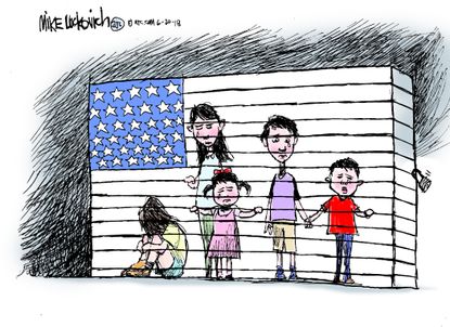 Political cartoon U.S. Trump family separation children migrant immigration border patrol detention center ICE