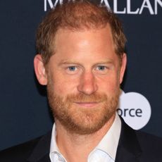 Prince Harry smiling in front of a step and repeat