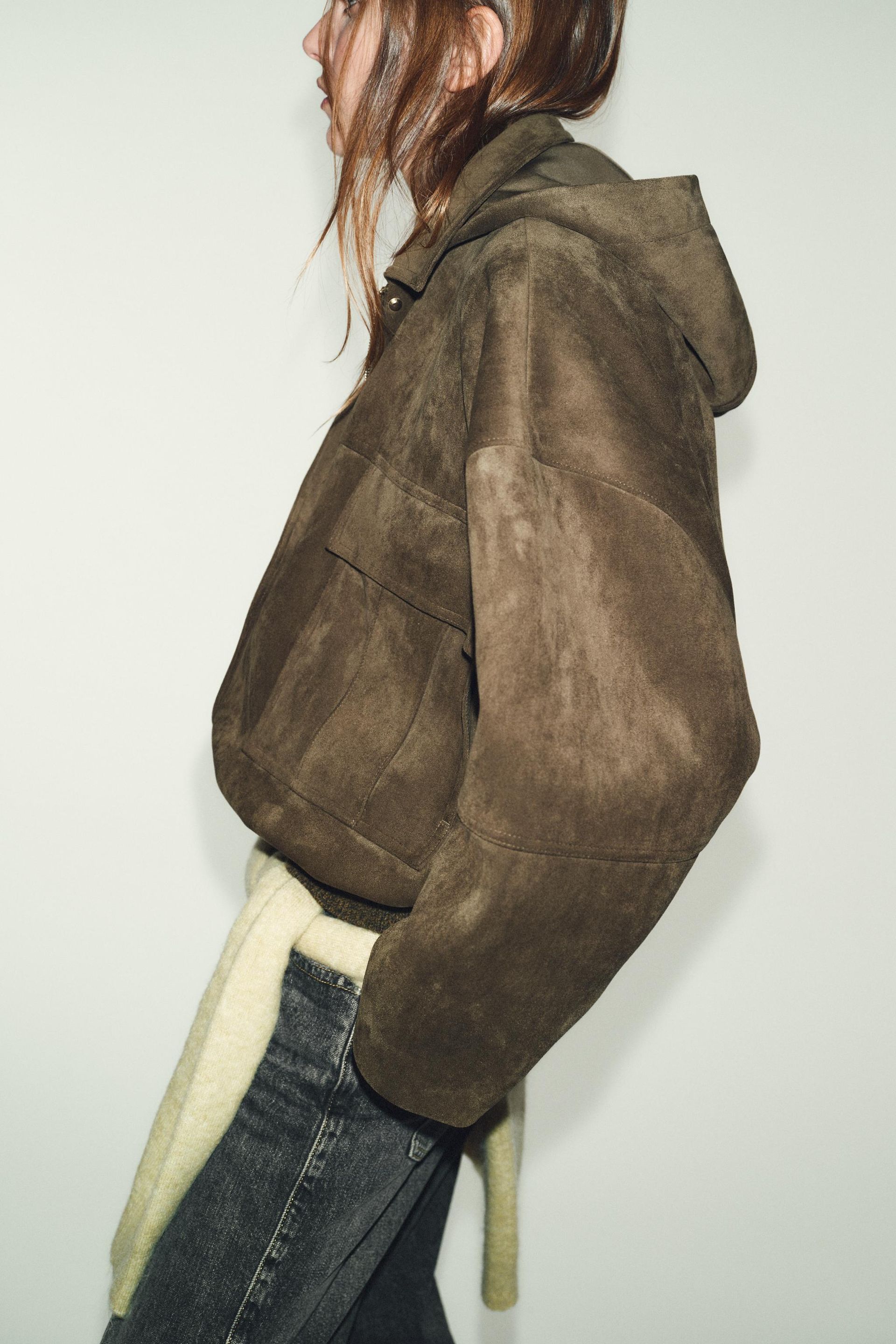 Oversized Faux Suede Hooded Bomber Jacket