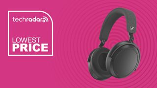Sennheiser Momentum 4 Wireless headphones on a pink background with TechRadar deals logo reading lowest price