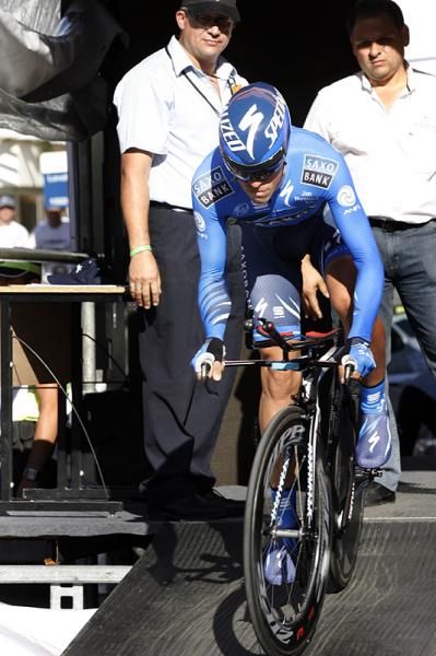 Alberto Contador comes out of the start "house"