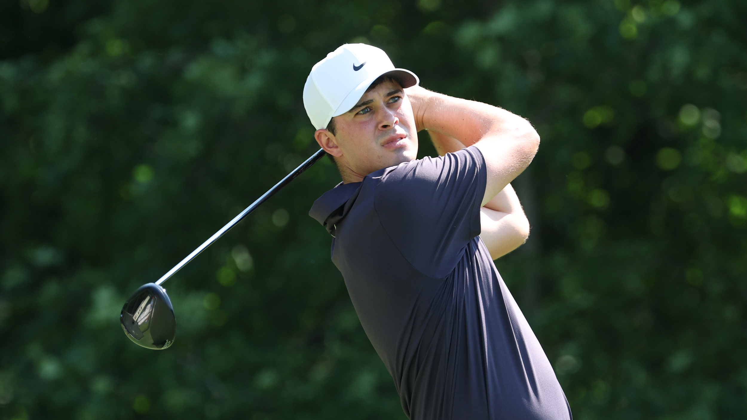 Davis Thompson hits a driver during round three of the 2025 John Deere Classic