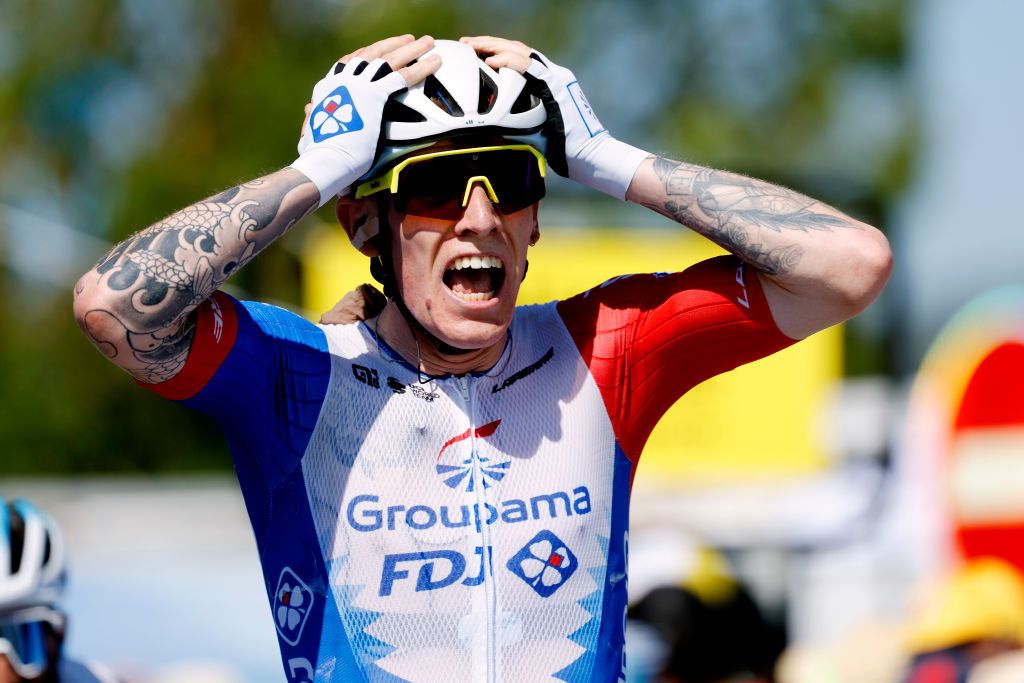 VALREVERMONT FRANCE AUGUST 09 Jake Stewart of United Kingdom and Team Groupama FDJ celebrates winning during the 34th Tour de lAin 2022 Stage 1 a 152km stage from ChtillonSurChalaronne to ValRevermont TDA22 on August 09 2022 in ValRevermont France Photo by Bas CzerwinskiGetty Images