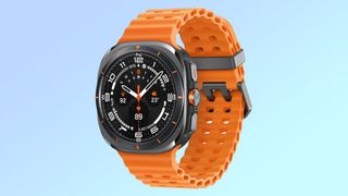 Leaked image of the Samsung Galaxy Watch Ultra, orange band on a teal background