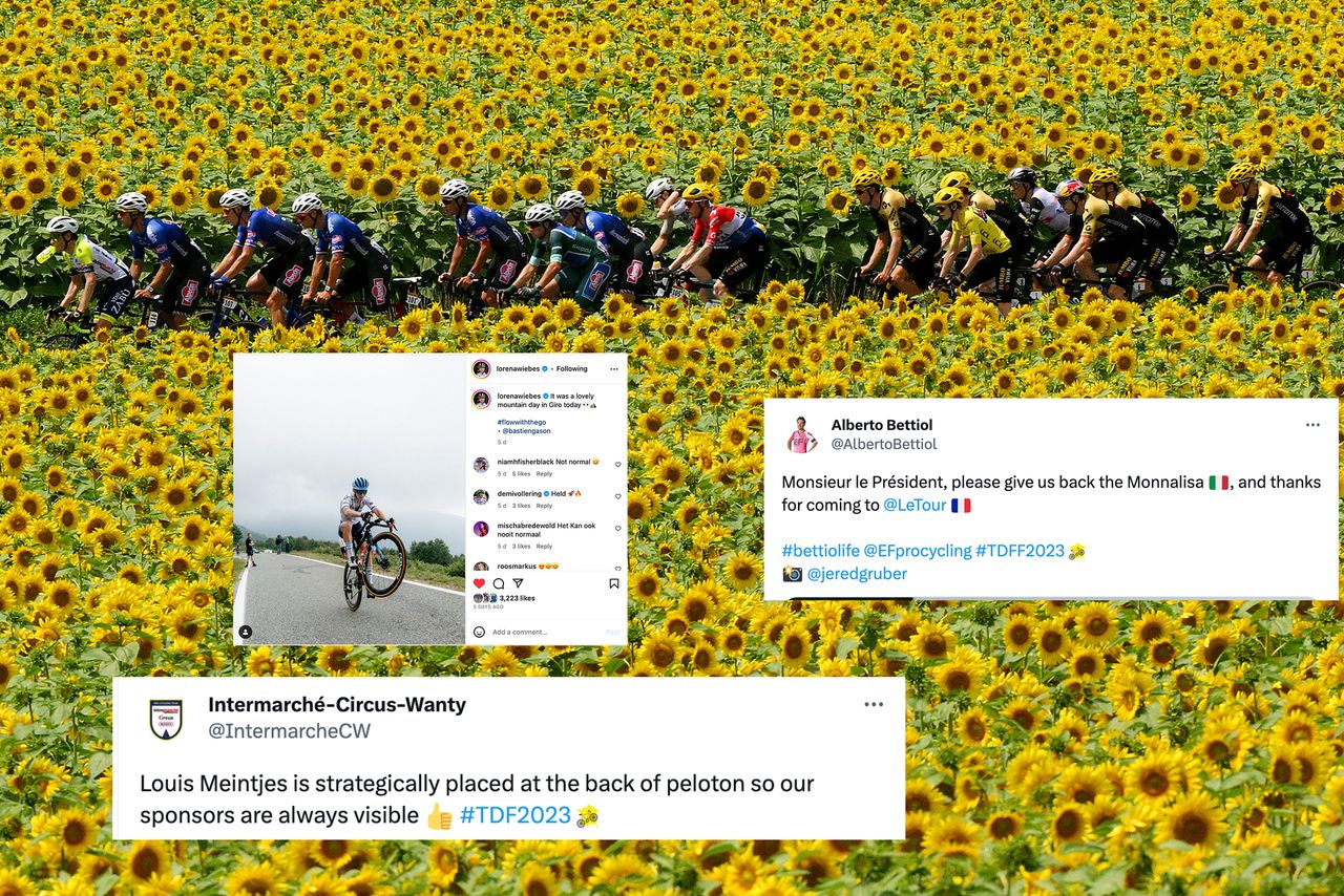 The Tour de France peloton with social media posts overlaid