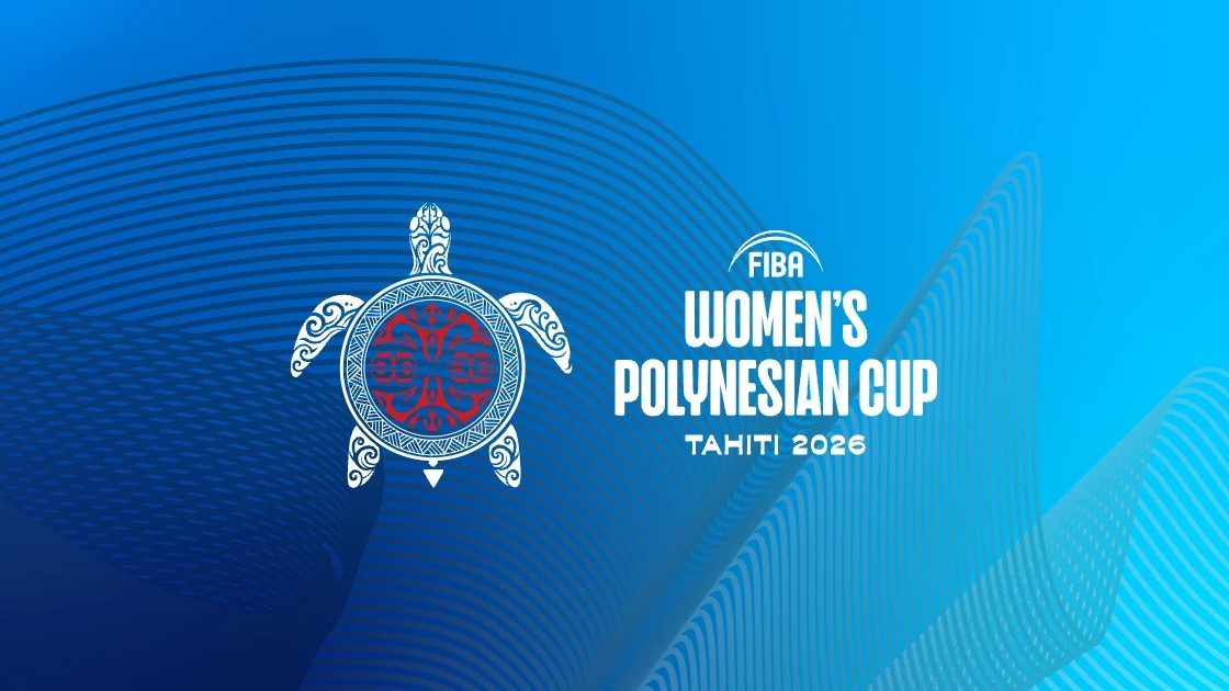 Official logo for the FIBA Women's Polynesian Cup Tahiti 2026, featuring a stylized sea turtle decorated with traditional Polynesian tribal patterns beside bold text that reads &amp;quot;FIBA WOMEN'S POLYNESIAN CUP TAHITI 2026&amp;quot; on a bright blue wave-patterned background.