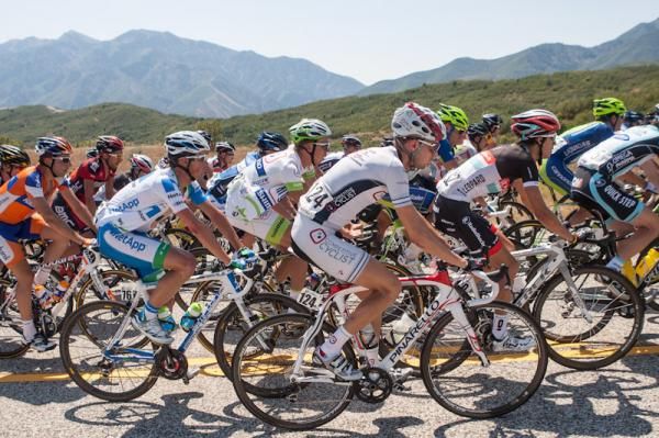 Riders bunched tight on one of the many climbs.