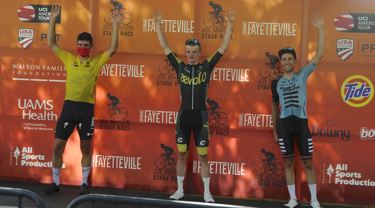 Men&#039;s podium for stage 2 at 2021 Joe Martin Stage Race (L to R): Tyler Williams second place, Tyler Stites winner, Richard Arnopol third place