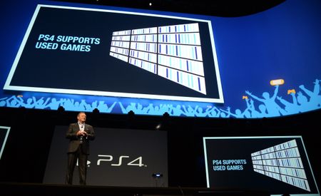 Jack Tretton proudly announces that the PlayStation 4 supports used games during the system's launch showcase in 2014.