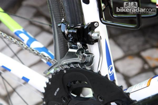 A steel-caged SRAM Red front derailleur and a custom chain keeper on Peter Sagan's Liquigas-Cannondale Cannondale SuperSix Evo.