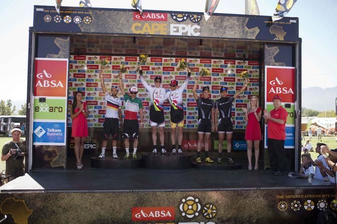 Podium (L to R) Manuel Fumic &amp; Marco Fontana of Cannondale (2nd), Jaroslav Kulhavy &amp; Christoph Sauser of Burry Stander - Songo (1st) and Matthys Beukes &amp; Philip Buys of Scott Racing Team