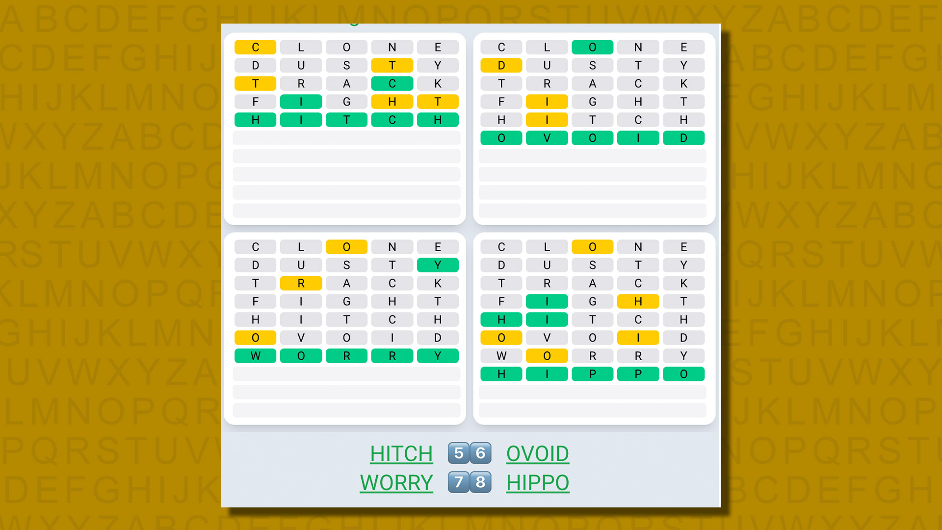 Quordle ежедневные последовательности ответов для игры 570 на желтом фоне