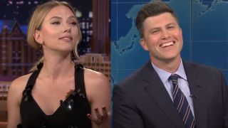 From left to right: Scarlett Johansson on the Tonight Show and Colin Jost smiling on Weekend Update.