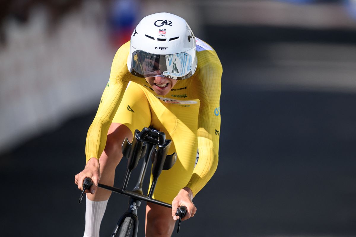 UAE Team Emirates-XRG's Slovenian rider Tadej Pogacar competes during the fourth stage, a 23.7 km time trial from Aarburg to Aarburg, at the Men's Tour of Switzerland (Tour de Suisse) cycling race in Aarburg, Switzerland, on June 20, 2026. (Photo by Fabrice COFFRINI / AFP)