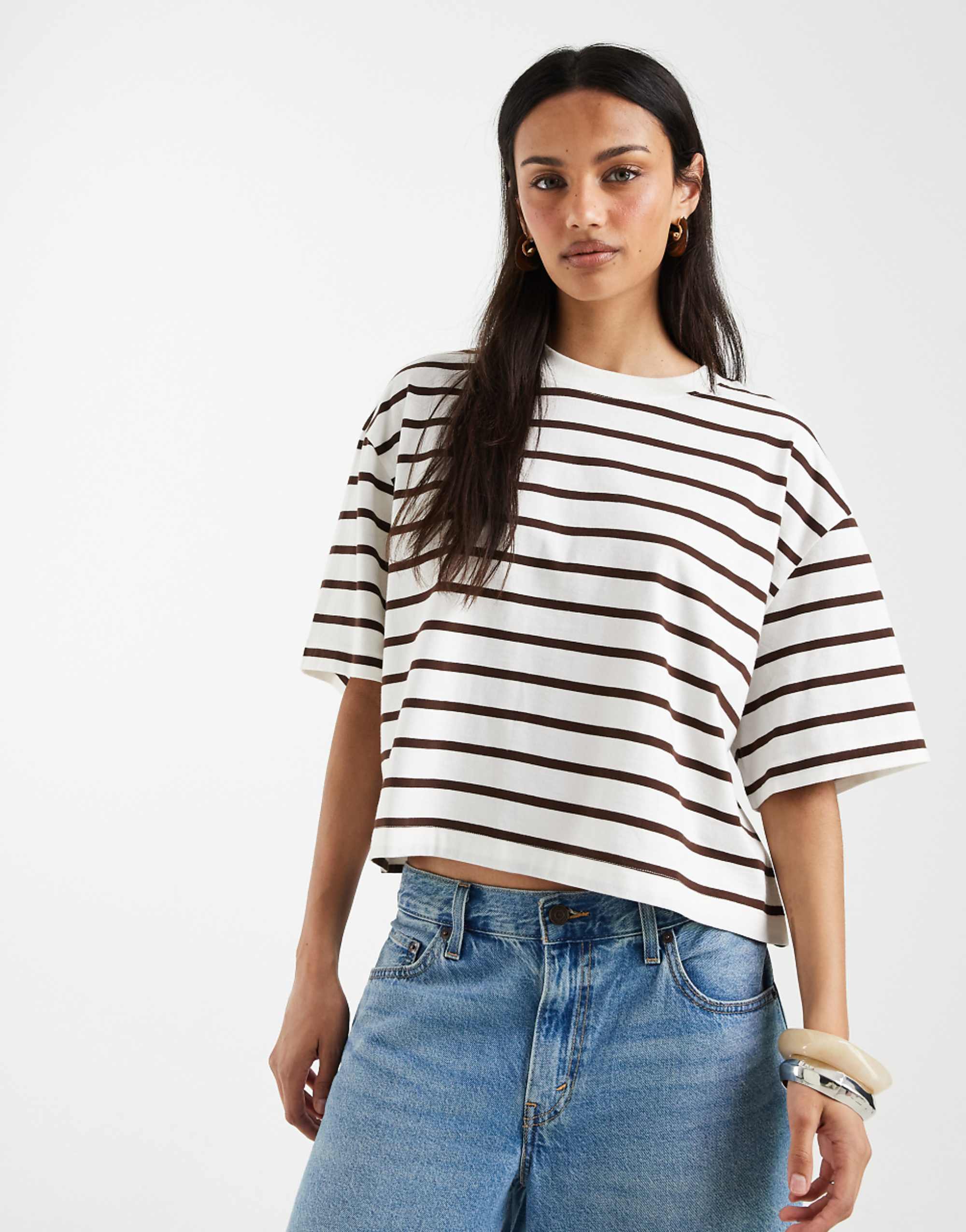 Asos Design Boxy Cropped T-Shirt in Chocolate &amp;amp; Cream Stripes
