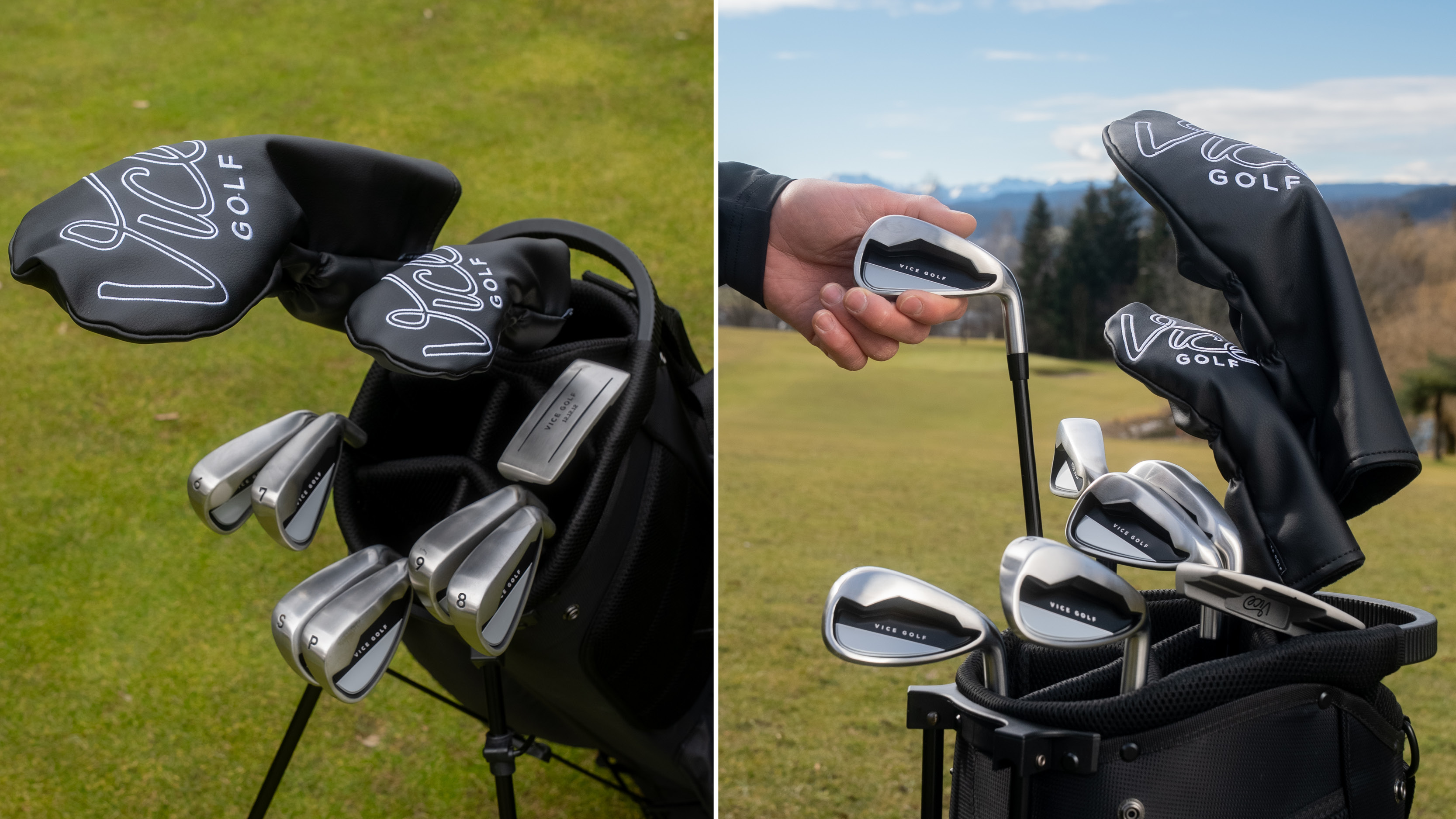 Two images of the Vice Golf BOOST starter set of golf clubs