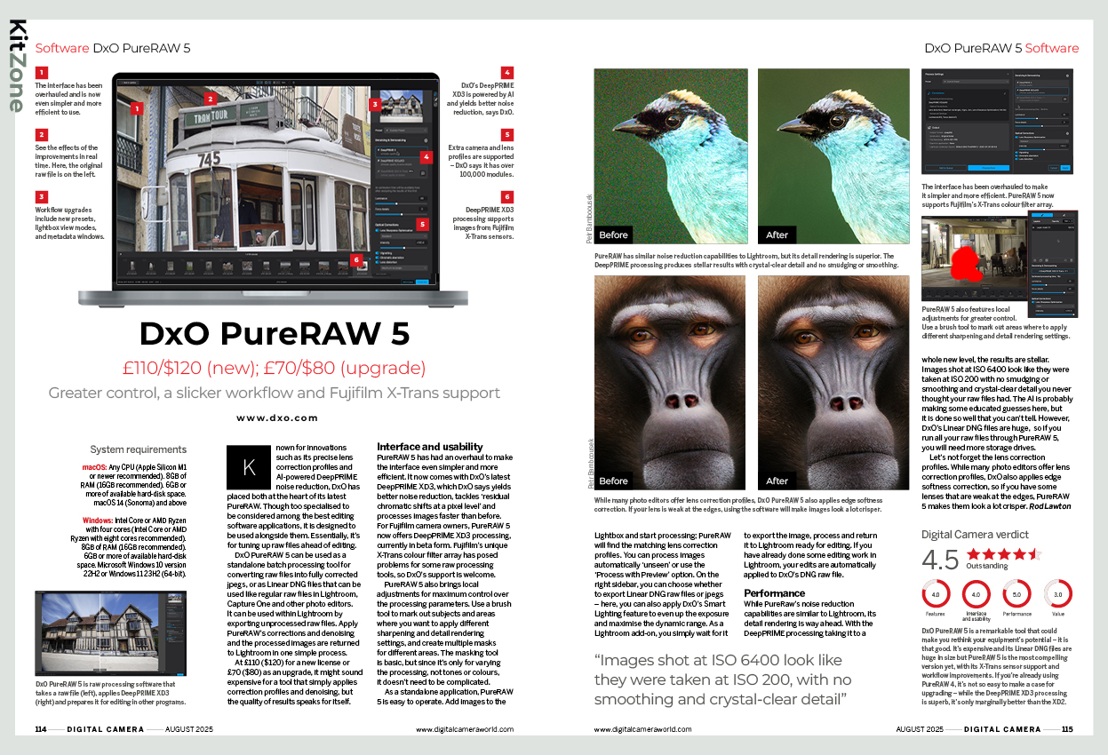 Image showing the DxO PureRAW 5 review, in issue 297 (August 2025) of Digital Camera magazine