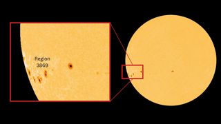 image of the sun with an insert on the left showing the emerging sunspot on the southeastern limb.