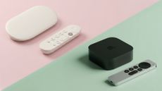Google TV Streamer and Apple TV 4K box on different coloured backgrounds
